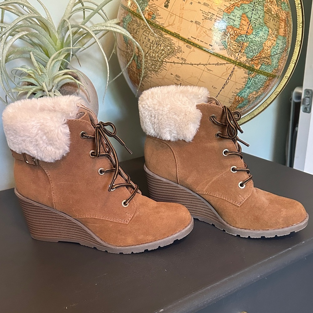 New Directions Brown Wedge Boots with Faux Fur